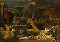 dans un décor antique, un homme assis désigne un massacre d'enfants que leurs mères tentent d'empêcher.