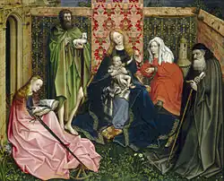 Vierge à l'Enfant avec des saintes dans un jardin clos, v. 1440/1460. Maître de Flémalle ou atelier de Robert Campin. National Gallery of Art, D.C. L'influence de Campin se remarque dans le portrait de sainte Catherine assise et lisant, et dans les lourds plis de sa robe brodée.