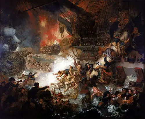 Peinture représentant le chaos de la destruction d'un navire de guerre.