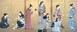 Matsuura byôbu (paravent de gauche), Matabei, vers 1650, encre, or et couleurs sur papier, 153&nbsp;×&nbsp;363&nbsp;cm (Yamato Bunkakan).