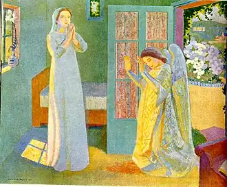 Peinture. Marie est debout les mains en prière, l'ange à genoux les mains levées et l'intérieur moderne.