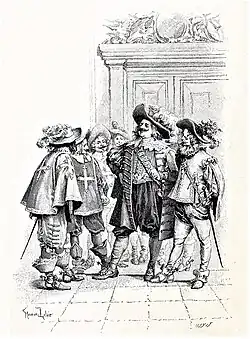 Porthos fait admirer son baudrier en broderies d'or. Gravure de Jules Huyot d'après un dessin de Maurice Leloir pour une édition illustrée des Trois Mousquetaires, 1894.