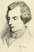 Gravure noir et blanc du buste d'un jeune homme qui ferme les yeux. Le haut de ses vêtements trahit la mode de la première partie du XIXe&nbsp;siècle.