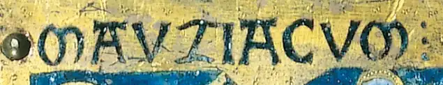 « Mauziacum » : forme latine de Mozac, gravée sur un panneau de la châsse de saint Calmin (fin XIIe&nbsp;siècle).