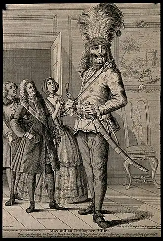 Le géant Maximilian Christopher Miller, gravure d'après un dessin de Boitard d'avril 1733.