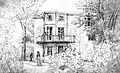 dessin à la plume : joli cottage enfoui dans la verdure