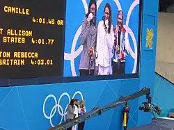 Visualisation du podium olympique, les trois nageuses, figurant en petit en dessous de l'écran.