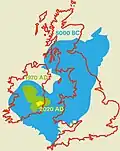 Transposition pour comparaison du Paléo-Tchad et du lac Tchad sur les îles Britanniques.