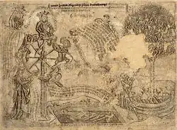 Dessin à la mine présentant en particulier sur sa droite un arbre dont les feuilles sont des têtes de mort et dont les racines sont prises dans une barque.