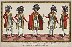 Les cinq directeurs en costumes somptueux à dominantes bleu, blanc et rouge