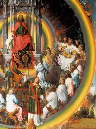 Le Christ sur un trône sous un dais de pierres soutenu par des colonnettes, posé sur un sol cristallin.