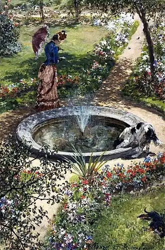 Femme se promenant près de la fontaine des jardins de la station thermale de Kissingen, Adolph von Menzel, 1885