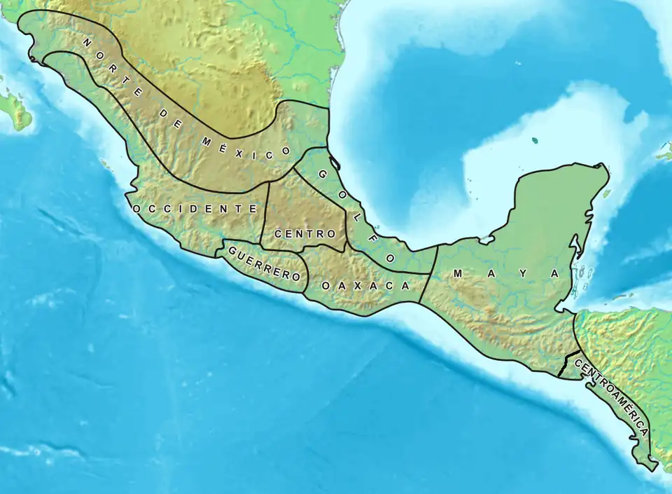 Carte des différentes aires culturelles de Mésoamérique.