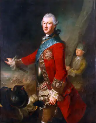 Portrait d'un homme d'apparence noble, une ordonnance derrière lui.