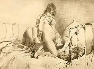 Couple dans un lit, la femme à califourchon au-dessus de la bouche de l'homme, en érection et qui empoigne un sein de sa partenaire relevant sa chemise