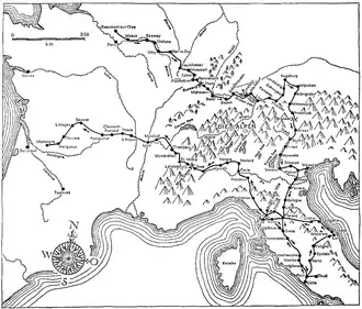 Carte représentant le trajet emprunté par Montaigne pour se rendre en Italie à travers les Vosges et les Alpes, le départ étant à Beaumont-sur-Oise et l'arrivée à Montaigne (près de Bordeaux)