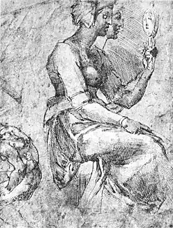 La Prudence assise, plume et encre brune sur papier, Raffaello da Montelupo d'après Michel-Ange (1514-1516)