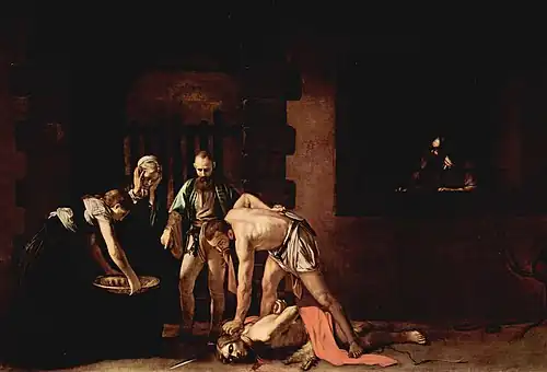 Toile représentant un homme décapité dont le bourreau ramasse la tête pour la mettre dans un plat porté par une femme.