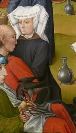 Michelle, duchesse de Bourgogne, coiffée d'un hennin blanc. Détail du Triptyque des Miracles du Christ, fin du XVe&nbsp;siècle.