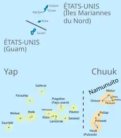 Carte. Îles du district de Chuuk (est). Îles de Yap, dont Pikelot (ouest). Guam et les Mariannes du Nord (nord-ouest).
