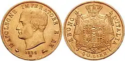 Pièce en or de 40 lires du royaume d’Italie avec le buste de Napoléon, frappée à Milan en 1814, recto/verso.
