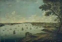 Une flotte de bateau, et le hameau de Hakin Hubberston qui formera le noyau de la future ville de Milford Haven.