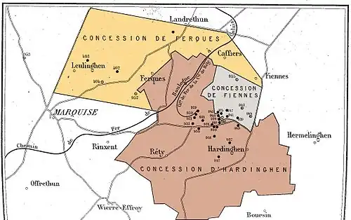 Carte schématique représentant les trois concession du bassin du Boulonnais vers 1880 : Ferques, Fiennes, et Hardinghem.