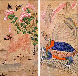 Deux symboles taoïstes: La biche et la tortue. Peinture populaire.