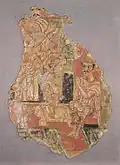 Un roi (?) en prière devant le Buddha. Stupa M III, Miran, Xinjiang IIIe – IVe siècle. New Delhi, National Museum.