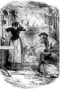 demeure très humble, petit pièce plutôt encombrée, grande jeune femme à gauche, à droite homme assis sur une chaise