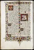 Page à 2 colonnes de texte entouré d'un décor de rinceaux