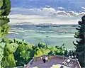 Peinture représentant une terrasse avec deux femmes assises, et derrière des arbres, la mer, une digue, et des montagnes tout au fond