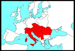 carte de l'Europe en blanc sur laquelle sont repérés les pays de la zone géographique Mitropa en rouge (couvrant l'Italie à l'Europe centrale)