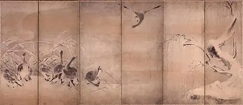 Oies sauvages et roseaux : Paire de paravents à six feuilles, H. 155,5 cm ; L. 361,5 cm. Attribué à Miyamoto Musashi. Musée Eisei Bunko, Tokyo (côté gauche).