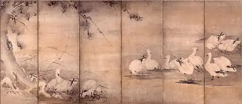 Oies sauvages et roseaux : Paire de paravents à six feuilles, H. 155,5 cm ; L. 361,5 cm. Attribué à Miyamoto Musashi. Musée Eisei Bunko, Tokyo (côté droit).