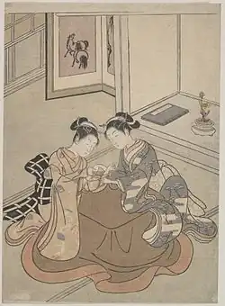 « Deux jeunes femmes assises sur un kotatsu jouant au berceau du chat », Suzuki Harunobu, vers 1765.