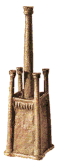 En bronze, quatre petite tours fines aux coins d'une enceinte carrée entourant une grande tour fine.