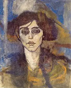 Peinture en plan poitrine d'une femme brune aux cheveux assez courts et aux traits marqués, presque géométriques
