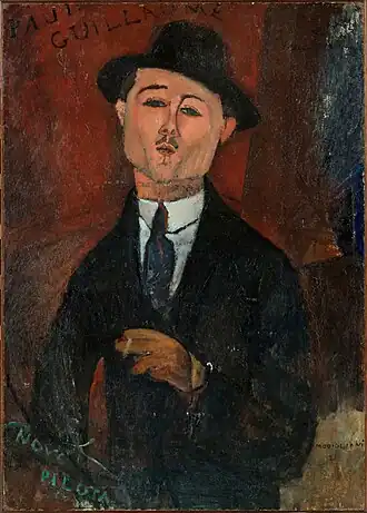 Portrait peint à mi-corps d'un homme en costume sombre et chapeau, cigarette à la main