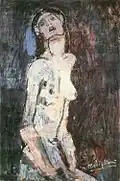 Peinture en plan américain d'une femme nue squelettique, tête relevée et bouche ouverte