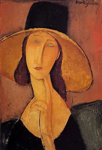 Peinture en buste d'une femme sous un grand chapeau, le menton sur deux doigts