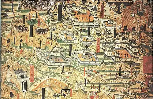 Monastères bouddhistes Tang du mont Wutai, Xe&nbsp;siècle. H. (ici) 3 m env (ens. L. 13,5 m)Grotte N° 61.