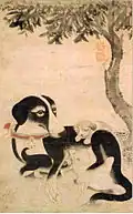 Une chienne et ses petits. Première moitié du XVIe&nbsp;siècle. Rouleau suspendu, 73 x 42 cm. Encre et couleurs légères sur papier. musée national de Corée, Séoul. Trésor national de Corée du Sud n° 255.