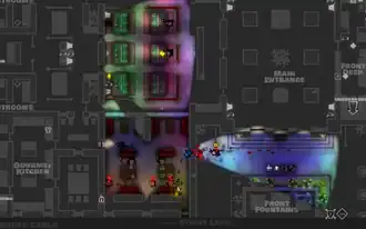 Un personnage s'infiltre dans un bâtiment en vue du dessus, des gens le surprennent.