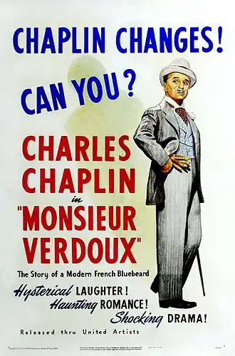 Affiche de film montrant Chaplin l'air arrogant dans un élégant costume blanc