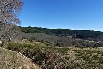 Le mont Bessou (à gauche) depuis la route des Hêtres (environ 2 km à l'ouest).
