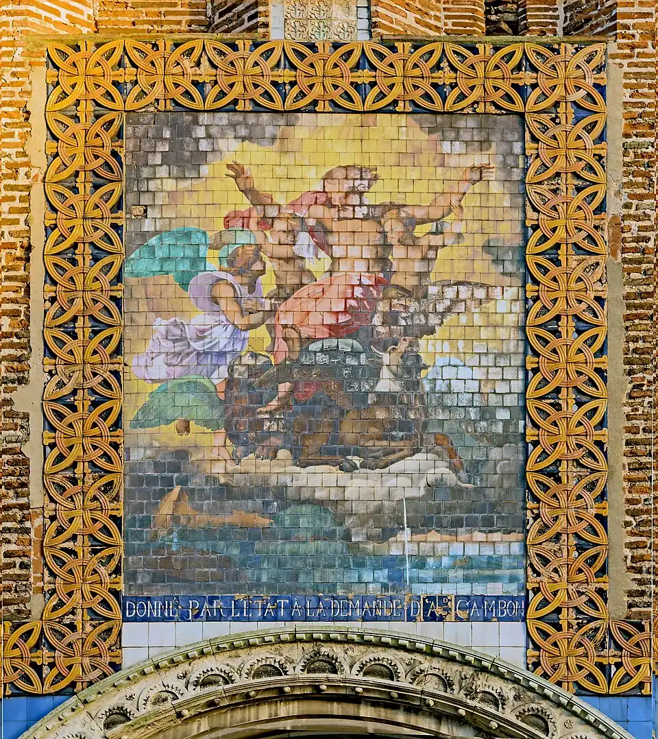 Mosaïque de la façade, inspirée de La Vision d'Ézéchiel, Montauban, église Saint-Jacques, 1891.