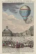 Essai de montgolfière en 1784. L'aile XVIIe&nbsp;siècle, à gauche de la cour royale, reste asymétrique de l'aile Gabriel jusqu'en 1818.