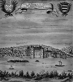 Reproduction d'un dessin en couleur du château de Montsoreau au dix-septième siècle.