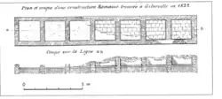 Dessin ancien en plan et en coupe d'un édifice composé de sept pièces